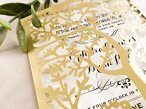 Invitation lc31: Metallic Gold, Cream Smooth - This is a tree design pattern laser cut wedding invitation in the metallic gold paper color.  The insert is loose.