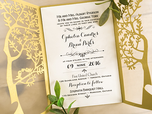 Invitation lc31: Metallic Gold, Cream Smooth - This is a tree design pattern laser cut wedding invitation in the metallic gold paper color.  The insert is loose.