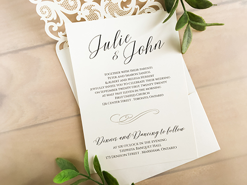 Invitation lc3: Ivory Shimmer, Cream Smooth - Portrait style laser cut invitation, in ivory shimmer. Available in a variety of colours. Comes made with a rhinestone.
