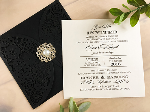 Invitation lc71: Glittering Black, Cream Smooth, Brooch/Buckle Q - This is a glittering black laser cut wedding card.  There is a pearl brooch on the center of the cover.