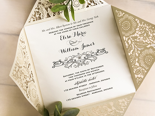 Invitation lc75: Beige Shimmer, Cream Smooth, Brooch/Buckle A6 - This is a beige shimmer color laser cut 4 flap wedding invitation.  There is a pearl rhinestone brooch on the cover.