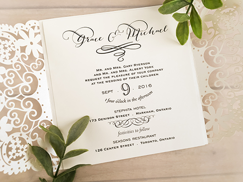 Invitation lc76: Ivory Shimmer, Cream Smooth - This is an open ivory shimmer gate fold style laser cut wedding invite.  The insert is loose.