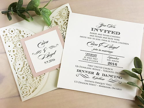 Invitation lc84: Cream Shimmer, Blush Pearl, Cream Smooth - This is a cream shimmer laser cut circle cut gate wedding invitation.  There is a blush pearl cover tag.