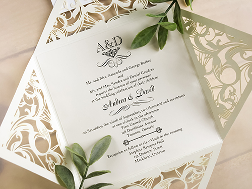 Invitation lc92: Ivory Shimmer, Rose Gold Mirror, Cream Smooth - This is a four flap ivory shimmer laser cut wedding invite.  There is a rose gold mirror layered cover tag.