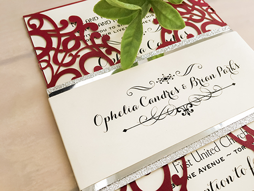 Invitation lc93: Burgundy Shimmer, Silver Mirror, Cream Smooth - This is a burgundy shimmer gate fold style laser cut wedding invite.  There is a double layered belly band.
