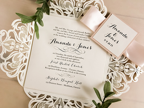 Wedding Invitation lc96: Blush Pearl, Cream Smooth, Petal Pink Ribbon