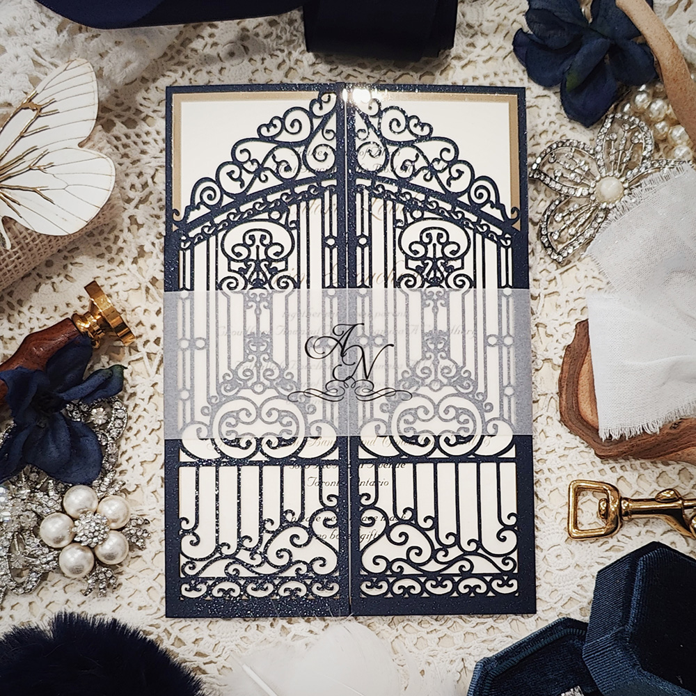 Invitation 8009: Glittering Navy, Gold Mirror, Cream Smooth - gate fold gate style lasercut in navy with vellum band
