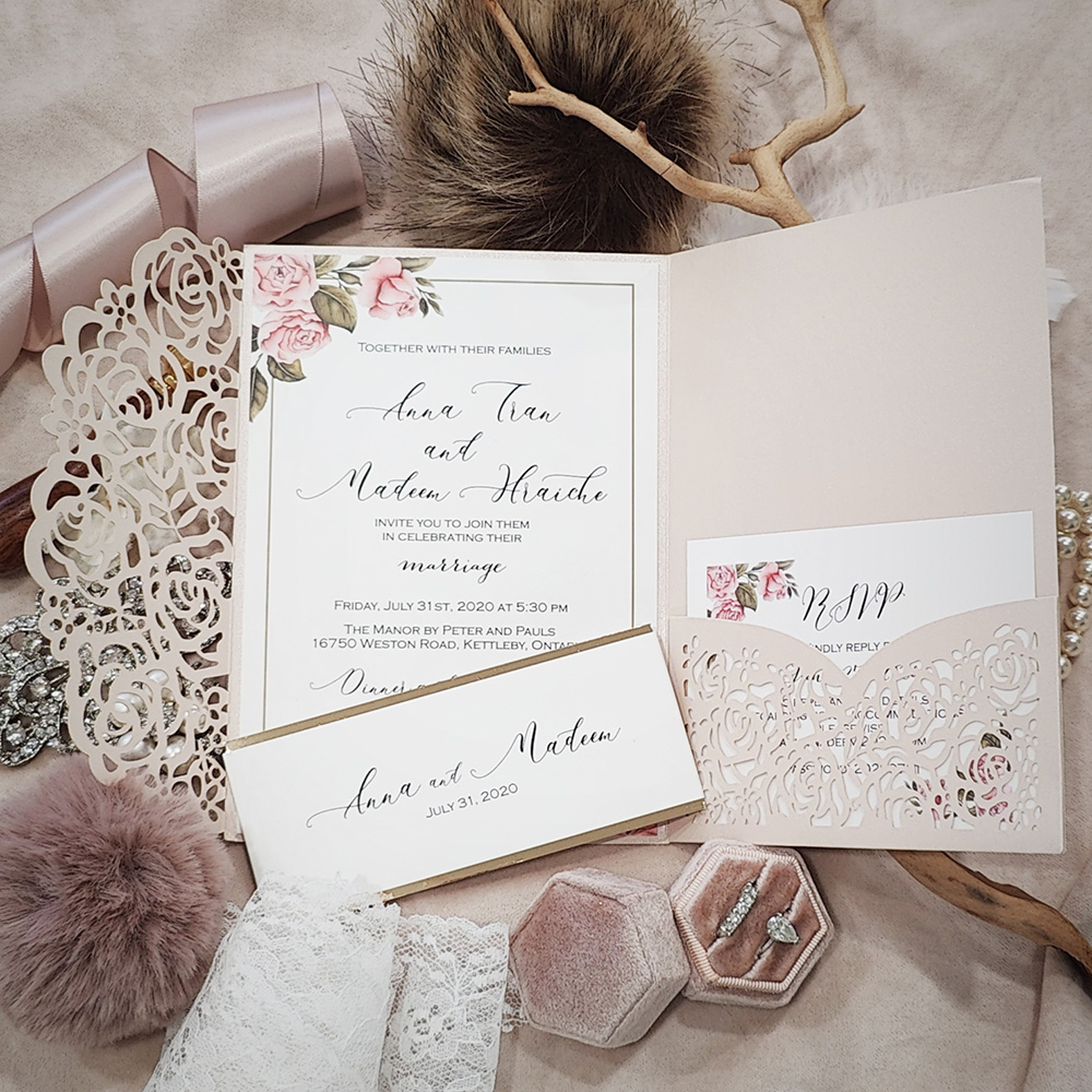 Invitation 8014: Blush Shimmer, Gold Mirror, Cream Smooth - blush rose pocketfold lasercut with printed layered band