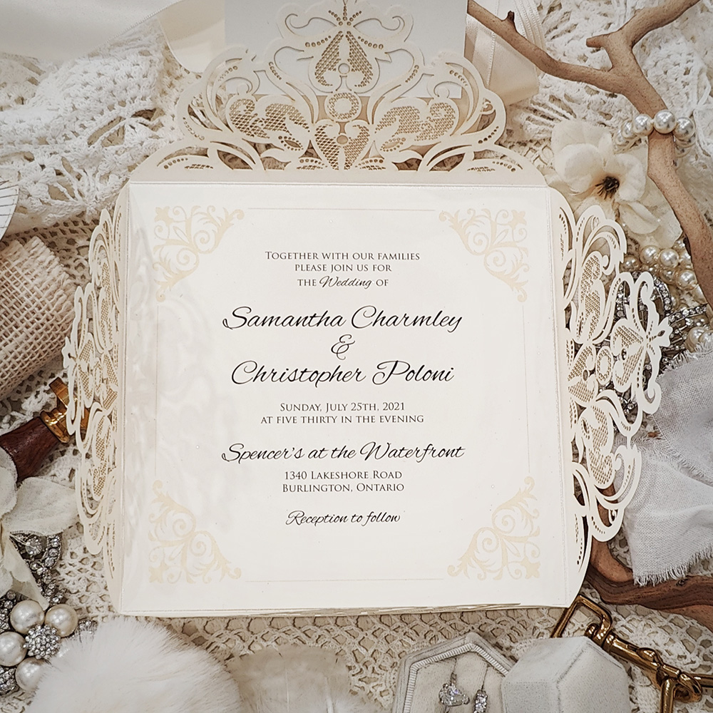 Invitation 8019: Ivory Shimmer, Gold Mirror, Cream Smooth - four flap envelopement lasercut with double layered tag