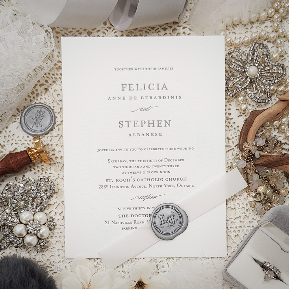 Invitation 5002: Cotton, Silver Wax - letterpress invitation on cotton paper in silver ink with vellum band and silver wax seal