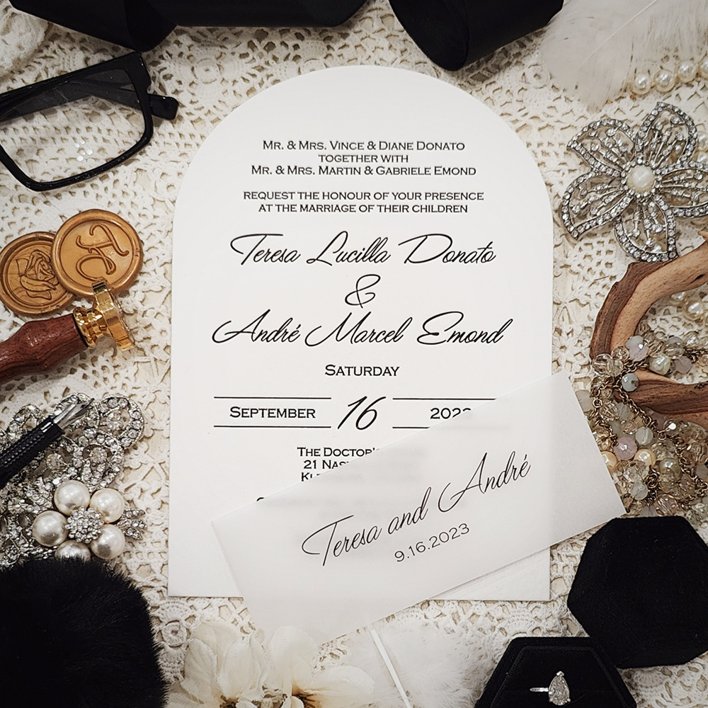 Invitation 5016: Cotton - arched letterpress invite in black ink with vellum band