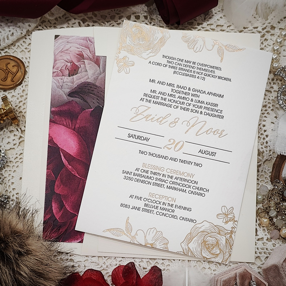 Invitation 5018: Cotton - gold foil rose letterpress invitation on matte white cotton paper