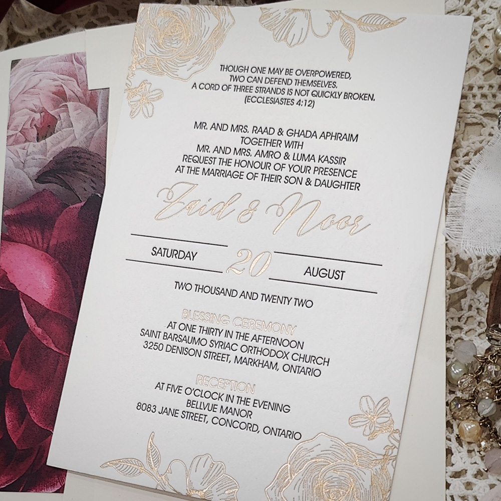 Invitation 5018: Cotton - gold foil rose letterpress invitation on matte white cotton paper