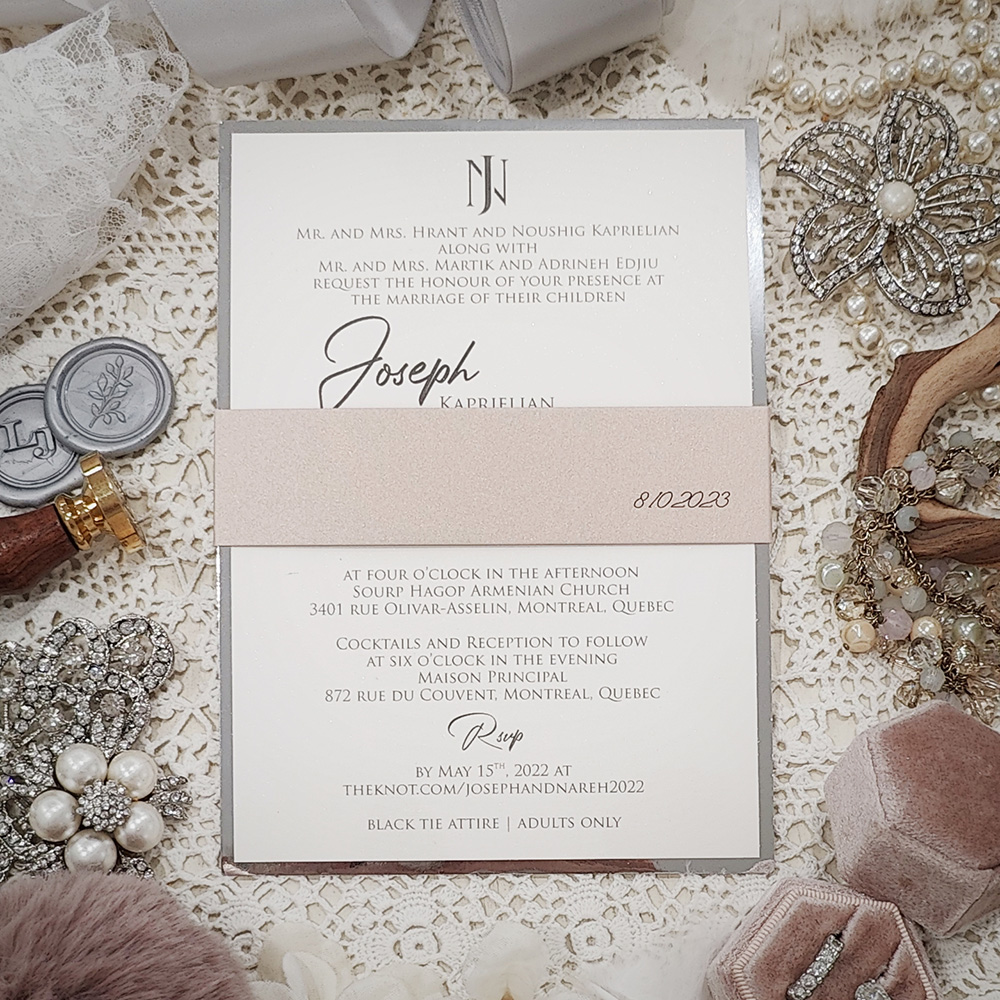 Invitation 5019:  - single panel invite with monogram and backed with silver mirror with blush pearl band