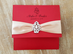 Wedding Invitation mb3: Red Lacquer, Champagne Ribbon