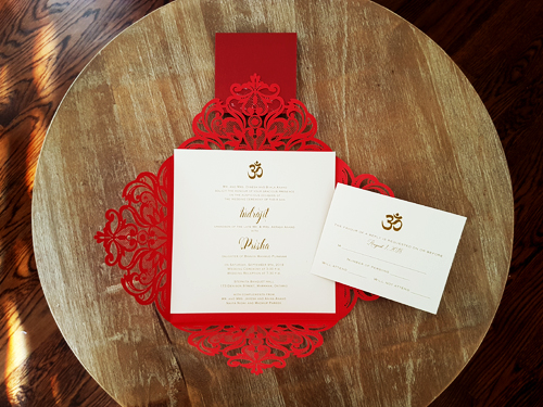 Invitation mb7: Red, Gold Mirror, Cream Smooth - This is a red four flap laser cut wedding invite.  There is a double layered cover tag glued to flap.