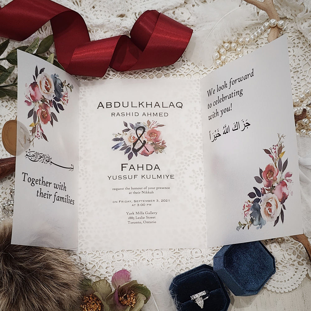 Invitation 8105: Vellum, Gold Wax - trifold vellum floral invite with bismillah and wax seal