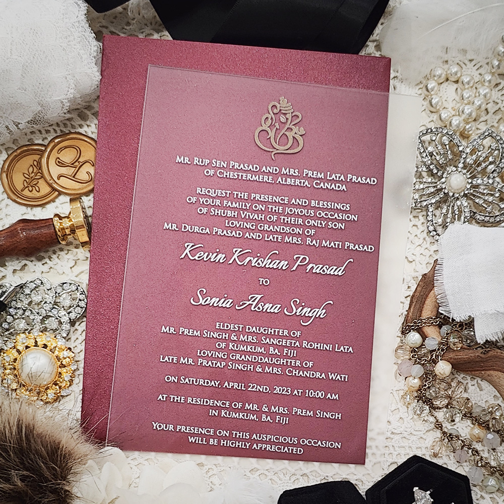 Invitation 8120: Acrylic - Clear - acrylic invitation with gold Ganesh and white lettering