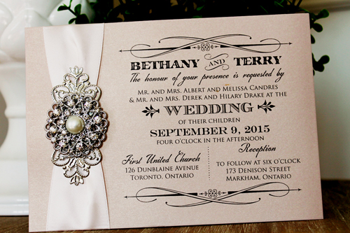 Wedding Invitation 1300: Blush Pearl, Petal Pink Ribbon, Brooch/Buckle A6, Metal Filigree F4 - Silver