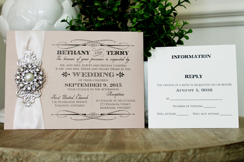 Wedding Invitation 1300: Blush Pearl, Petal Pink Ribbon, Brooch/Buckle A6, Metal Filigree F4 - Silver