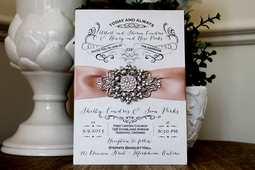 Wedding Invitation 1301: Silver Ore, Deep Blush Ribbon, Brooch/Buckle A11, Metal Filigree F4 - Silver