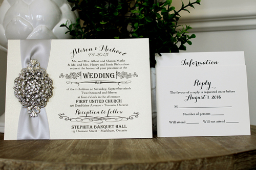 Wedding Invitation 1304: White Gold, Silver Ribbon, Brooch/Buckle A20, Metal Filigree F4 - Silver