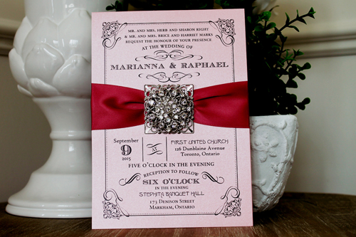 Wedding Invitation 1306: Pink Pearl, Dusty Rose Ribbon, Brooch/Buckle X, Metal Filigree F5 - Silver