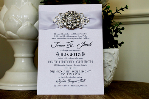 Wedding Invitation 1308: Orchid Pearl, Lilac Mist Ribbon, Brooch/Buckle X, Metal Filigree F4 - Silver