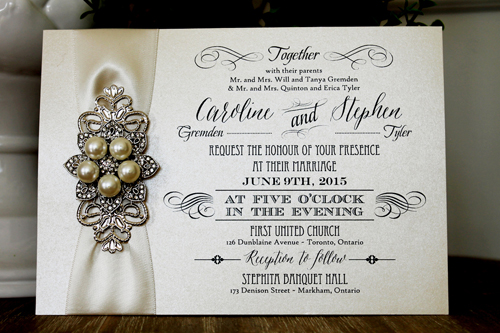 Wedding Invitation 1312: Buttermilk Pearl, Antique Ribbon, Brooch/Buckle T, Metal Filigree F4 - Silver