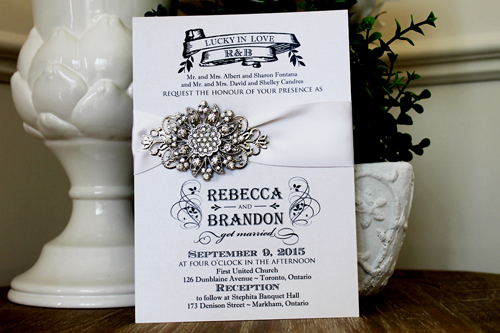 Wedding Invitation 1328: Iridescent Pearl, White Ribbon, Brooch/Buckle A11, Metal Filigree F4 - Silver
