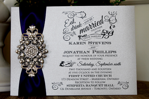 Wedding Invitation 1329: Silver Ore, Purple Ribbon, Brooch/Buckle A11, Metal Filigree F4 - Silver