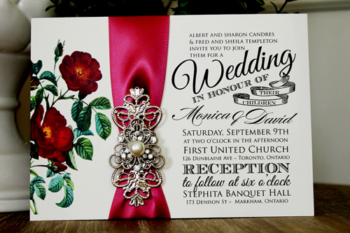 Wedding Invitation 1330: Cream Smooth, Dusty Rose Ribbon, Brooch/Buckle A1, Metal Filigree F4 - Silver