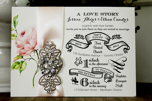 Wedding Invitation 1332: Cream Smooth, Petal Pink Ribbon, Brooch/Buckle U, Metal Filigree F4 - Silver