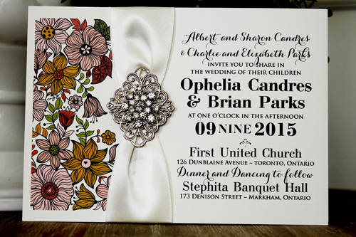 Wedding Invitation 1334: Cream Smooth, Antique Ribbon, Brooch/Buckle A9, Metal Filigree F2 - Silver