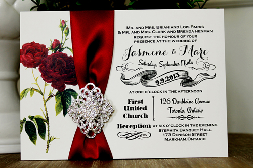 Wedding Invitation 1337: Cream Smooth, Sherry Ribbon, Brooch/Buckle I, Metal Filigree F2 - Silver