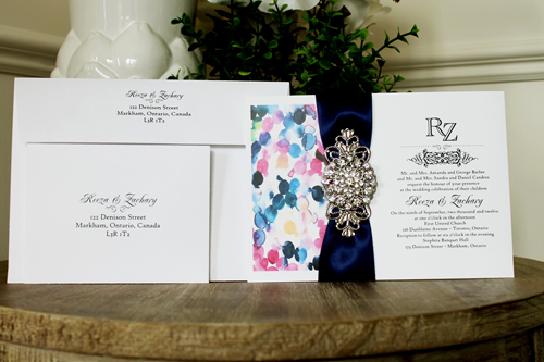 Invitation 1339: Ice Pearl, White Smooth, Navy Ribbon, Brooch/Buckle X, Metal Filigree F4 - Silver