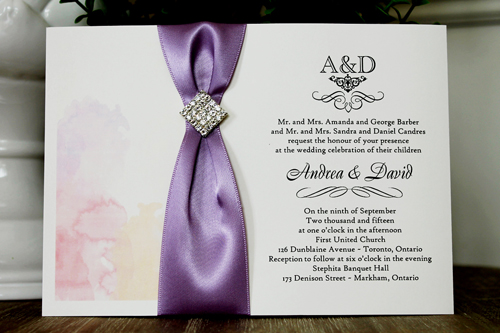 Wedding Invitation 1340: Cream Smooth, Lavender Ribbon, Brooch/Buckle I