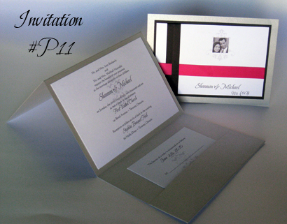 Invitation P11: Silver Pearl, Black Linen, White Smooth, Azalea Ribbon, Black Ribbon