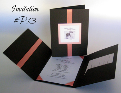 Invitation P13: Black Linen, Pink Pearl, White Smooth, Coral Ribbon