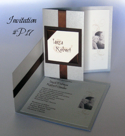 Invitation P17: Silver Pearl, Chocolate Linen, Cream Smooth, Brown Ribbon