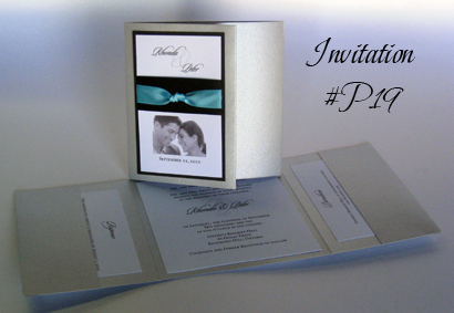 Invitation P19: Silver Pearl, Black Linen, White Smooth, Black Ribbon, Turquoise Ribbon