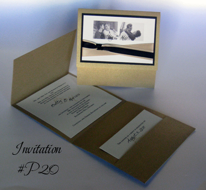 Invitation P20: Gold Pearl, Black Linen, Cream Smooth, Champagne Ribbon, Black Ribbon