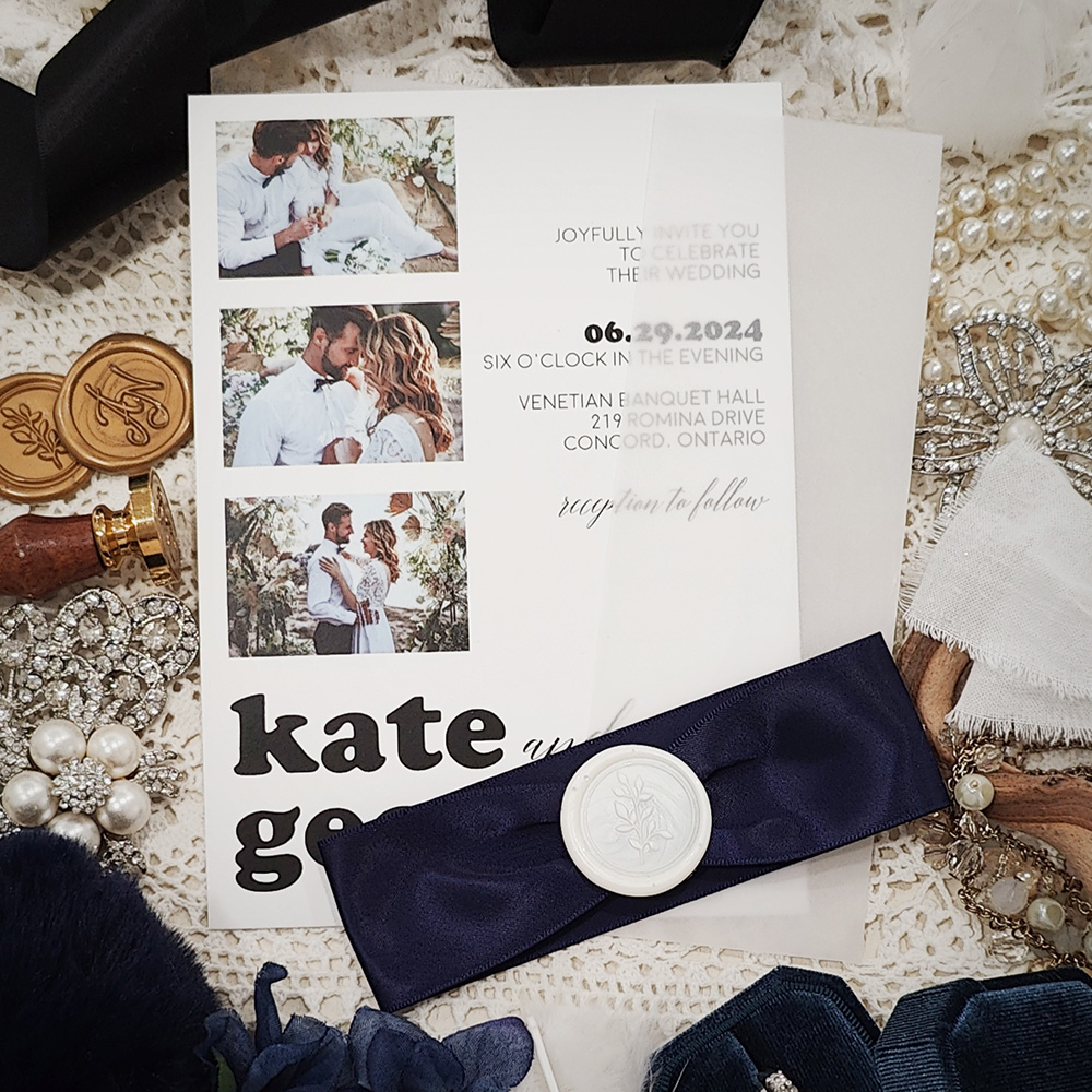 Invitation 3905: Matte White, Ivory Wax, Navy Ribbon - photo invitation with vellum wrap and ribbon and wax seal on matte white