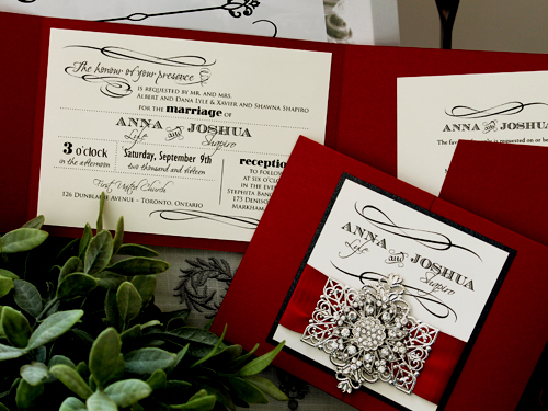 Invitation 1207: Red Lacquer, Black Pearl, Sherry Ribbon, Brooch/Buckle A11, Metal Filigree F5 - Silver