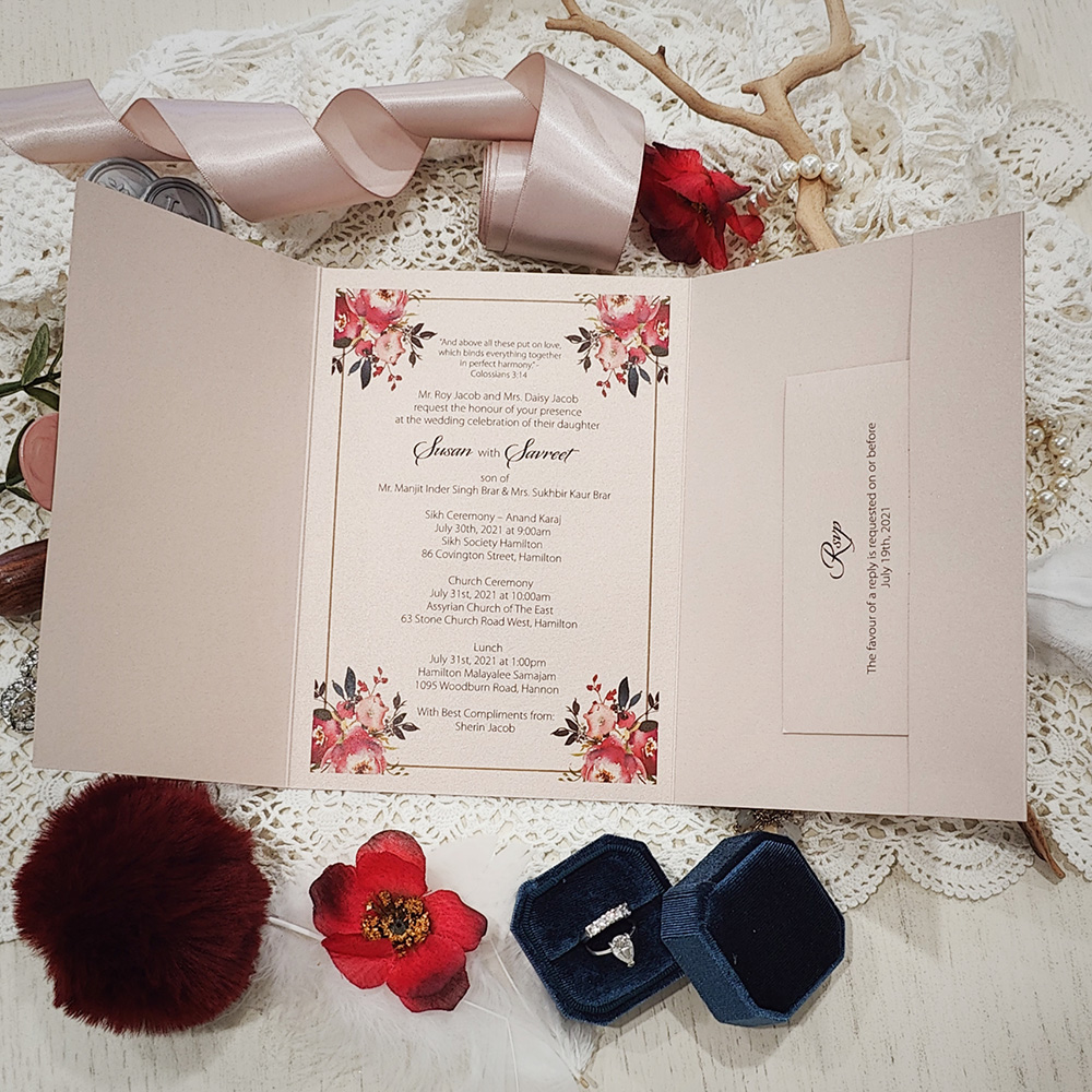 Invitation 3102: Blush Pearl, Blush Wax - Pocketfolder wedding card where layout is printed directly on with a blush wax seal.