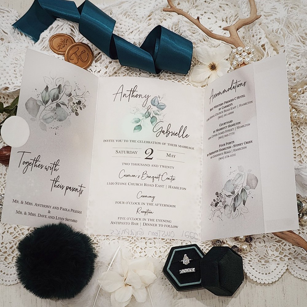 Invitation 3110: Vellum, Ivory Wax - Vellum trifold wedding invite with an ivory wax seal.