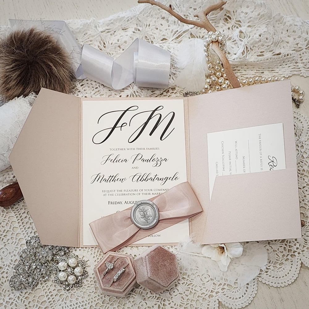 Invitation 3123: Blush Pearl, Silver Wax, Deep Blush Ribbon - Pocketfolder wedding invitation with a deep blush ribbon and silver wax seal.