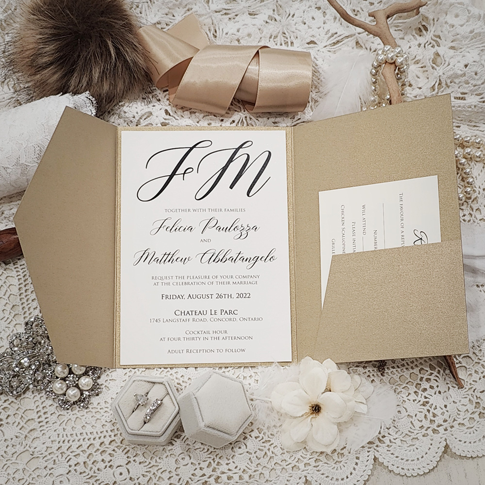 Invitation 3124: Gold Pearl, Cream Smooth - Trifold pocketfold wedding card with a vellum belly band wrapped around.