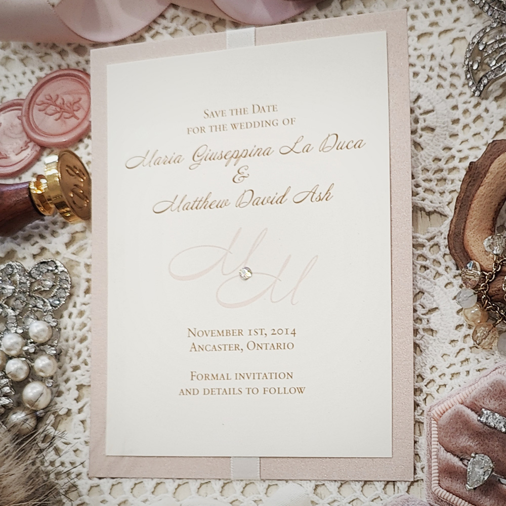 Invitation 8301:  - layered save the date with antique ribbon and rhinestone blush pearl