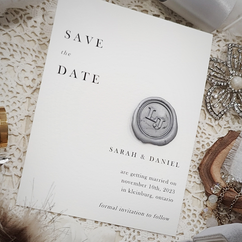 Invitation 8303:  - matte white paper save the date with silver wax seal